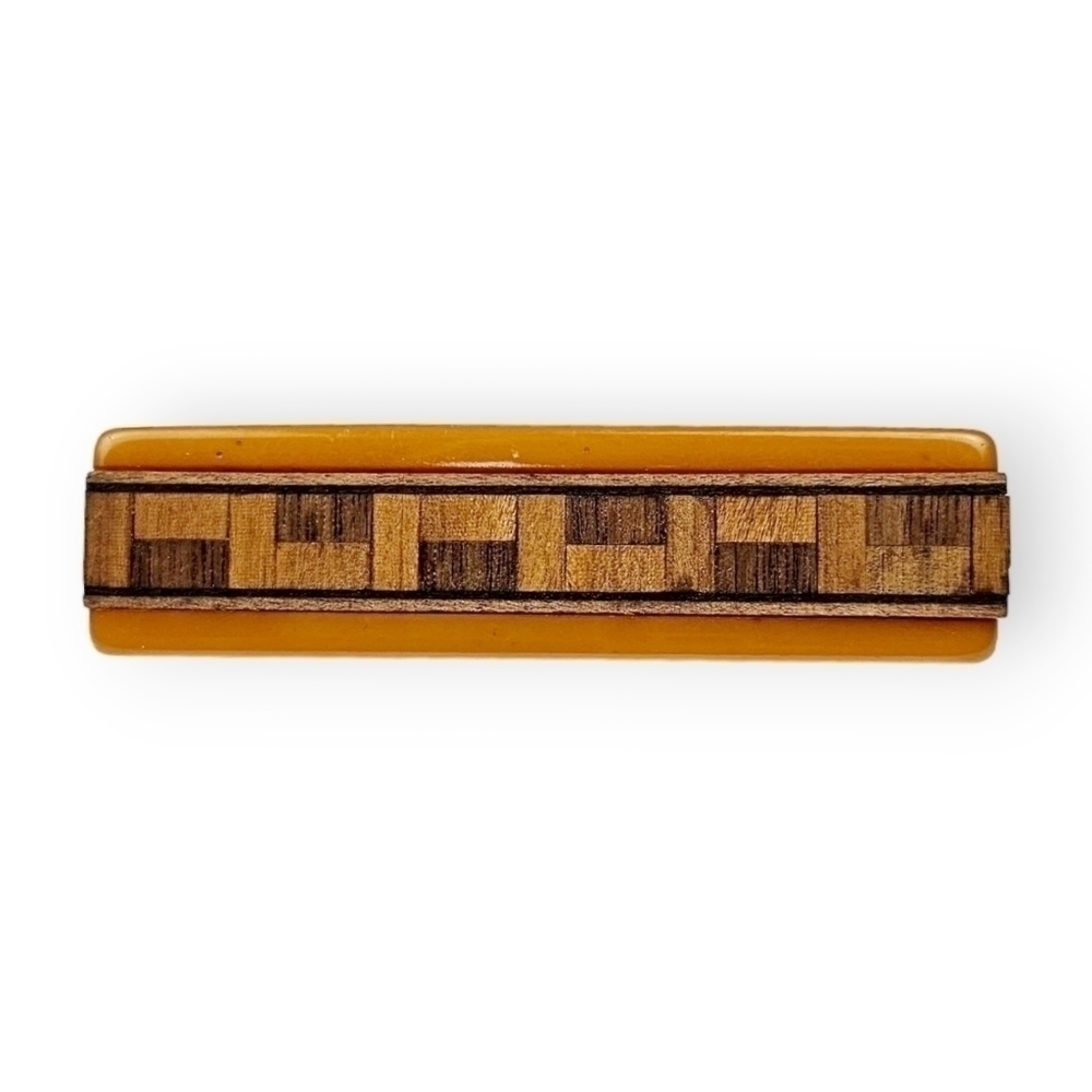 Bakelite Art Deco Bar Brooch Inlaid Marquetry Style Wood Butterscotch Vintage